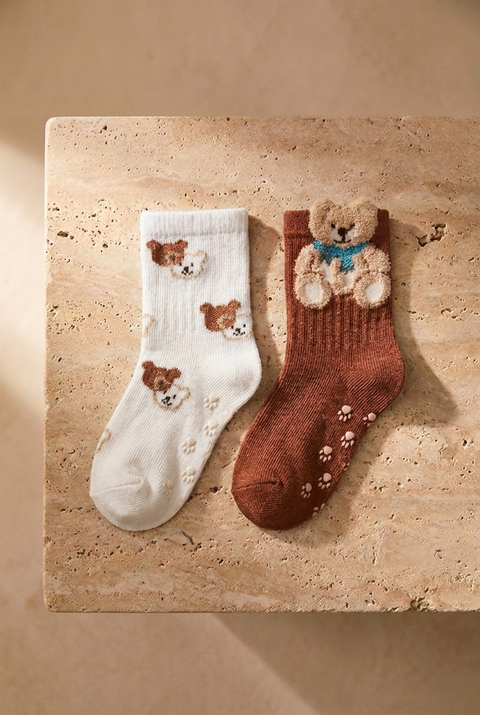 Teddy Friends 2’li Kaydırmaz Pamuklu Çocuk Çorabı – Ekru/Kahve