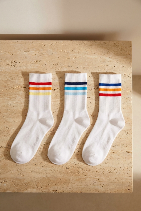 Retro Stripe 3’lü Pamuklu Çocuk Çorabı – Beyaz