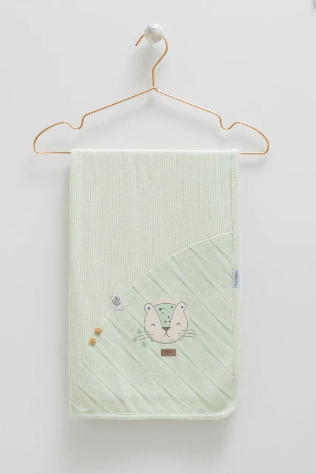 %100 Pamuk Yeşil Bebek Battaniye 85 x 90 Kedi Desenli