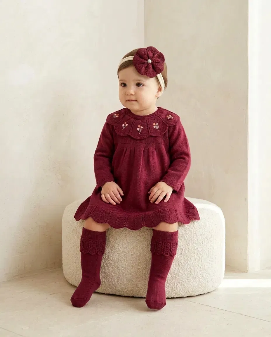 Burgundy Bloom 3’lü Triko Elbise Seti