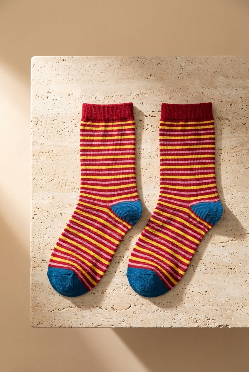 Retro Stripe Pamuklu Çocuk Çorabı – Bordo
