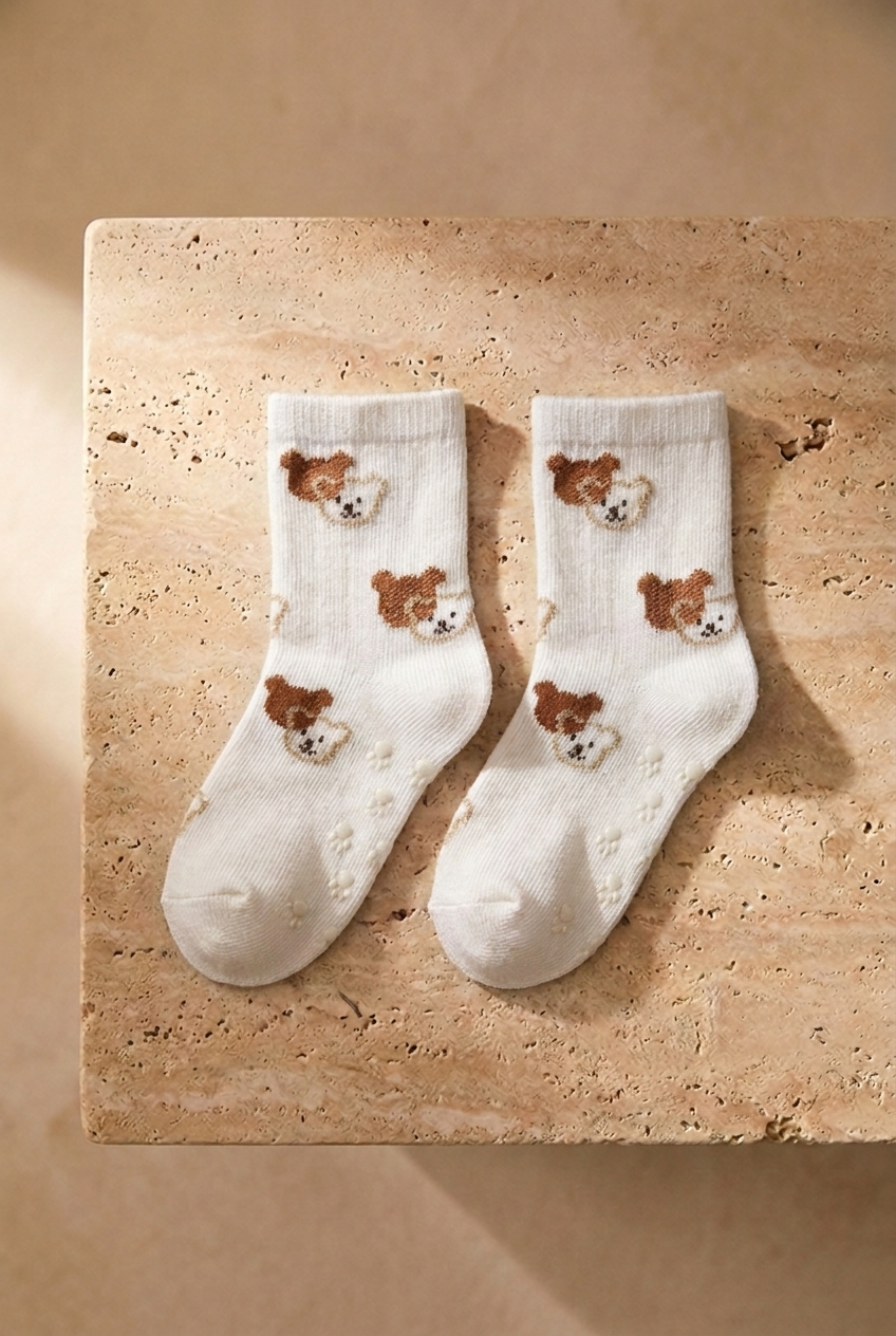 Teddy Friends 2’li Kaydırmaz Pamuklu Çocuk Çorabı – Ekru/Kahve