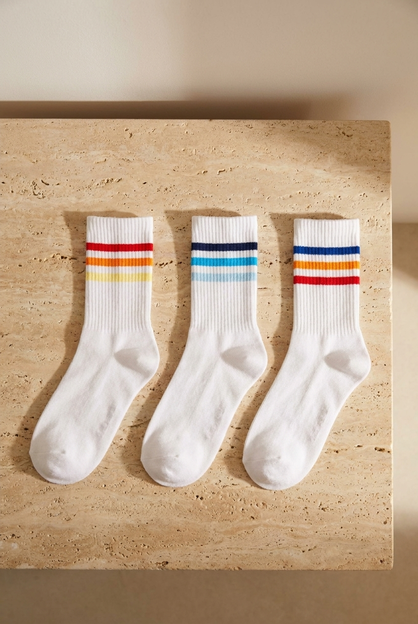Retro Stripe 3’lü Pamuklu Çocuk Çorabı – Beyaz