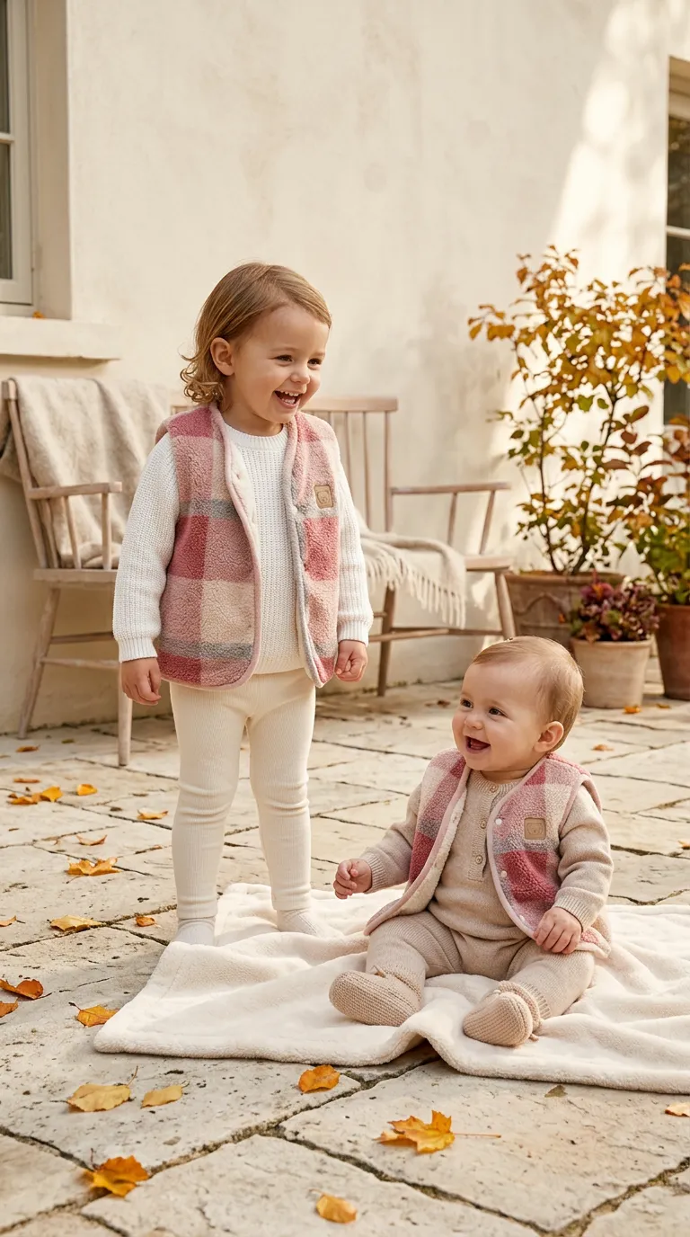 Pufy Çift Taraflı Pamuklu Çocuk Yeleği – Ekose Pink
