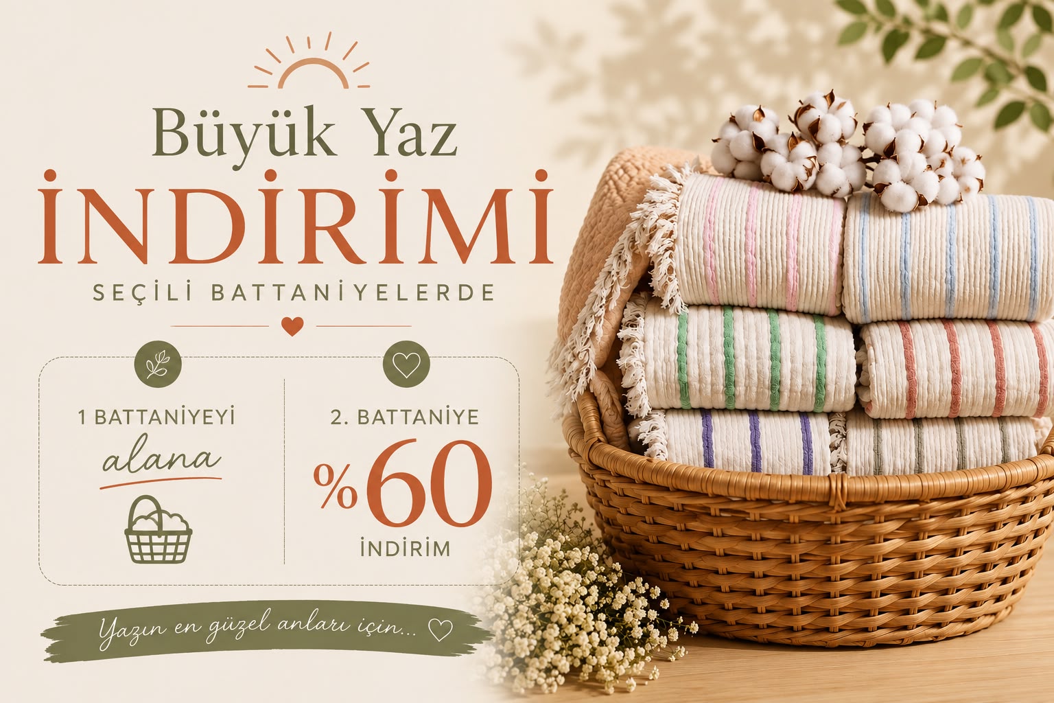 Büyük Yaz İndirimi — seçili battaniyelerde 1 battaniye alana 2. battaniye yüzde 60 indirim